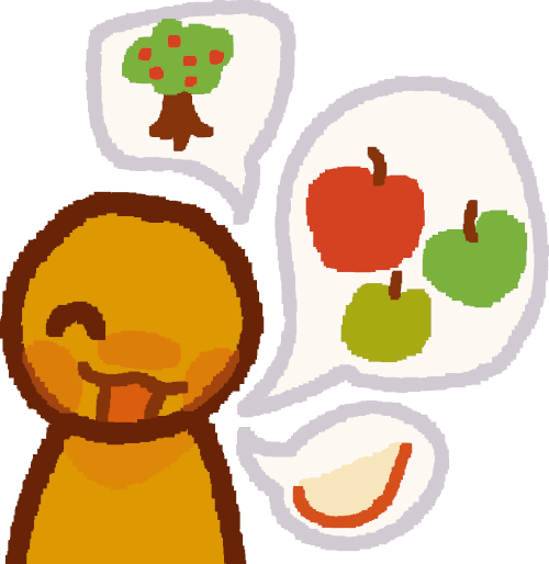 A yellow person with a happy expression on their face and three speech bubbles coming from them. Inside the speech bubble from top to bottom is an apple tree, three apples which are red and two different shades of green, and an apple slice.